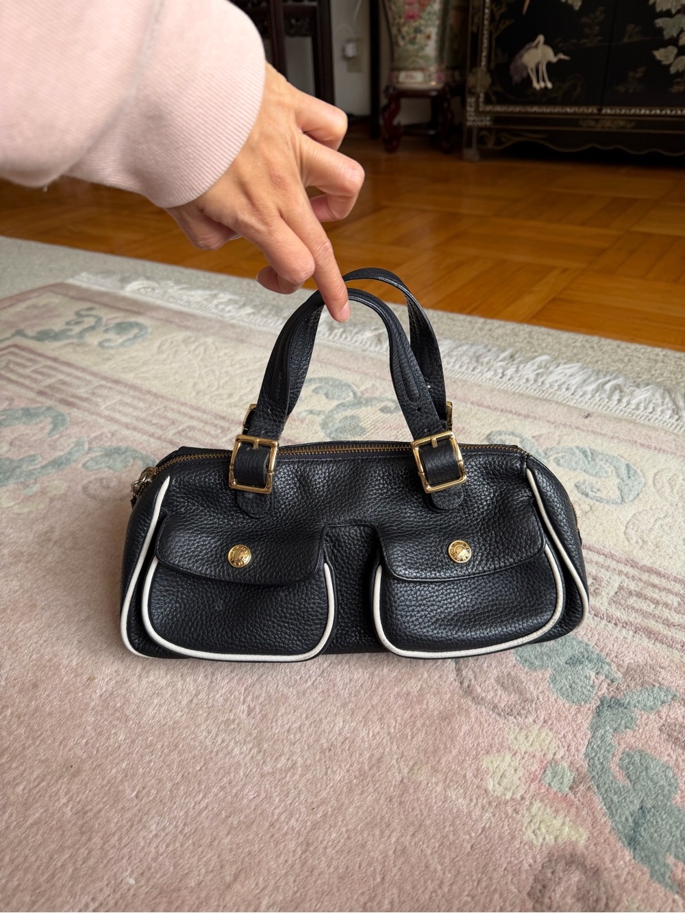 DKNY Black Pebbled Leather Double-Pocket Satchel Handbag
